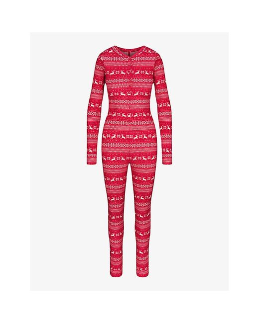 Skims Red Plush Pointelle Logo-Print Stretch-Jersey Onesie