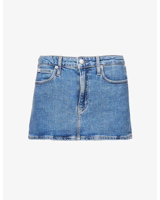 Calvin Klein Branded-patch Stretch-denim Mini Skirt in Blue | Lyst