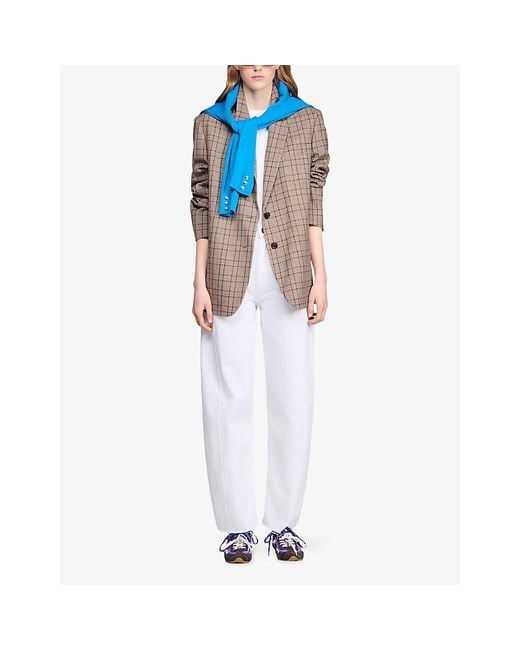 Sandro Brown Check Single-Breasted Wool-Blend Blazer