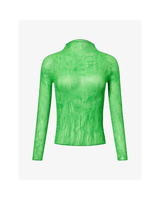 Issey Miyake Green Long-Sleeve Twisted-Pleats Chiffon Top