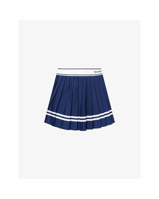 Sporty & Rich Blue Serif-Logo Pleated Woven Mini Skirt