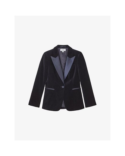 Reiss Blue Verda Peak-Lapel Single-Breasted Velvet Blazer