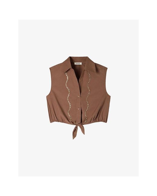 Sandro Brown Rhinestone-Embellished Tie-Waist Cotton Shirt