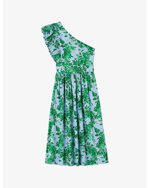 L.K.Bennett Green Maud Garden-print One-shoulder Cotton Midi Dress