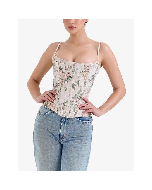 House Of Cb White Cadie Ribbon-Print Cotton Corset Top
