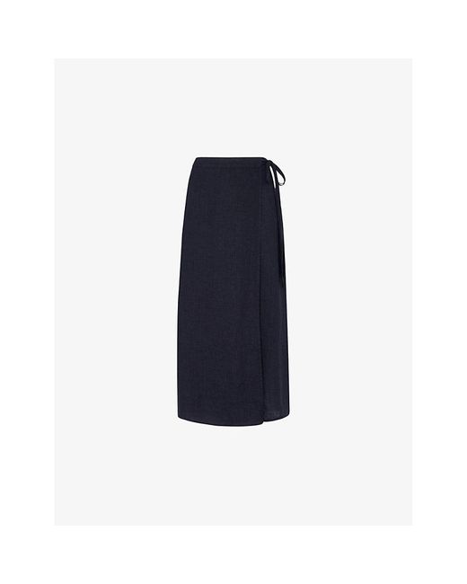 Whistles Blue Wrap Split-front Linen Midi Skirt