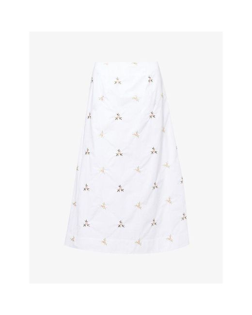 Simone Rocha White Ripple Floral-Embroidered Cotton Midi Skirt
