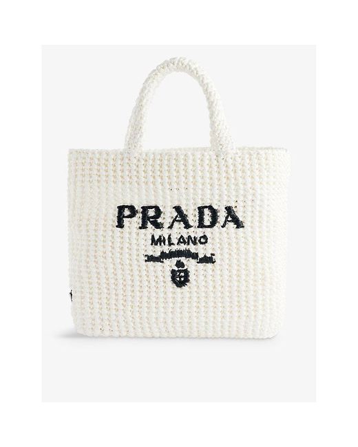 Prada White Logo Small Straw Tote Bag