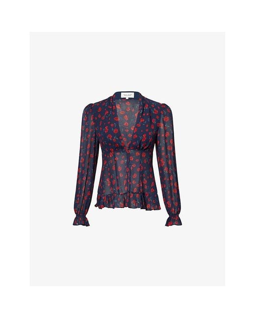 Reformation Blue X Nara Smith Rose-Print V-Neck Woven Blouse