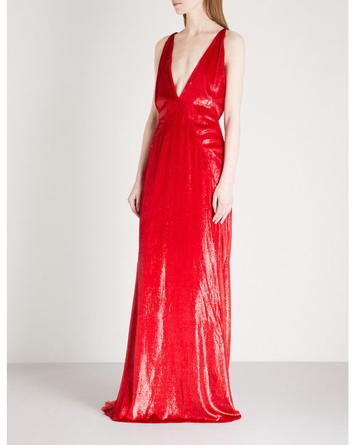 Michael Lo Sordo Red Alexandra Metallic-velvet Maxi Dress