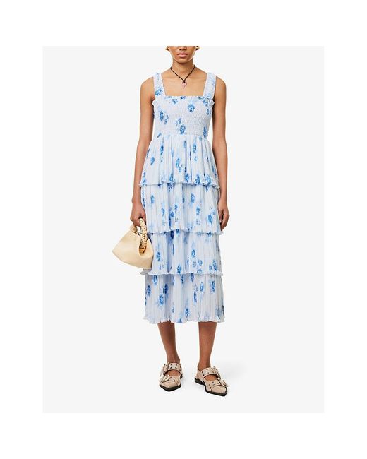 Ganni Blue Floral-print Pleated-skirt Recycled-polyester Midi Dress