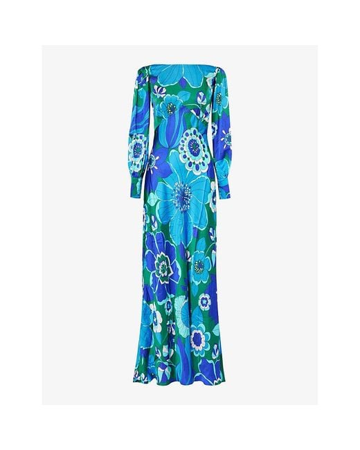 Rixo Blue Marni Floral-print Satin Maxi Dress