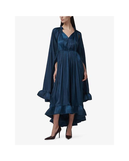 eem Blue Cape-Sleeve Frilled-Hem Woven Maxi Dress