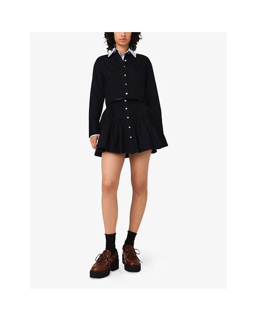 Maje Blue Button-Down Elasticated-Waist Stretch-Cotton Mini Skirt