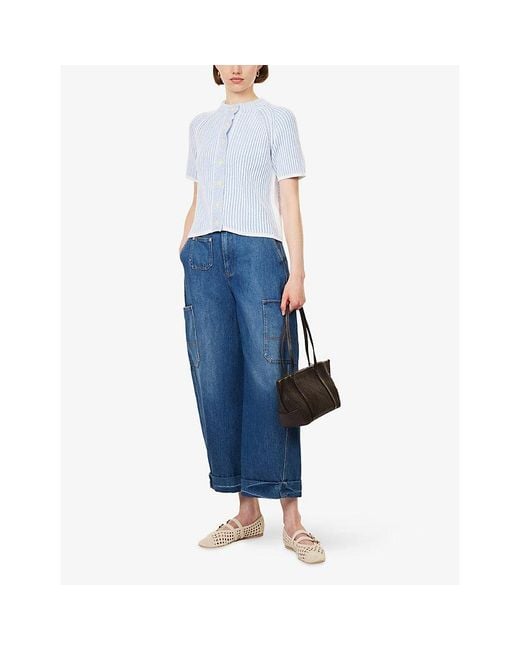 ME+EM Blue Contrast-Rib Chunky Cotton Knitted-Cardigan