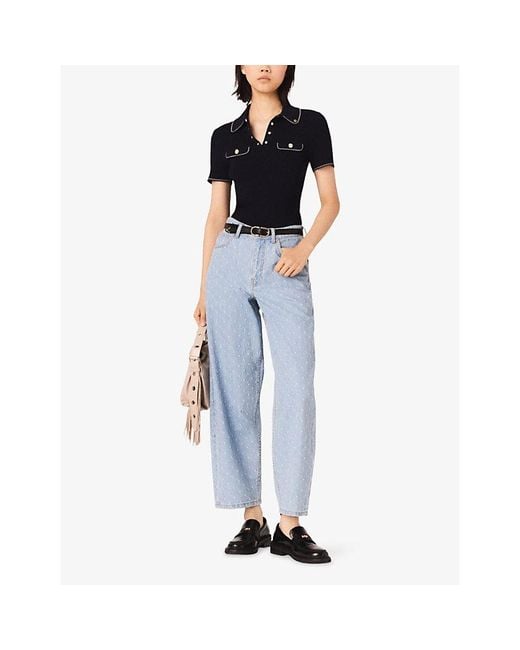 Maje Blue Short-Sleeved Ribbed Knitted Polo Shirt