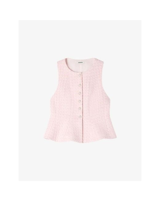 Sandro Pink Sleeveless Sequin-Embellished Tweed Jacket