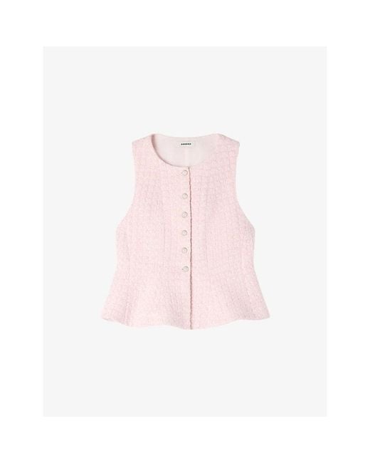 Sandro Pink Sleeveless Sequin-Embellished Tweed Jacket