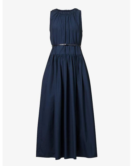 Max Mara Blue Teresa Pleated-skirt Cotton-poplin Maxi Dress