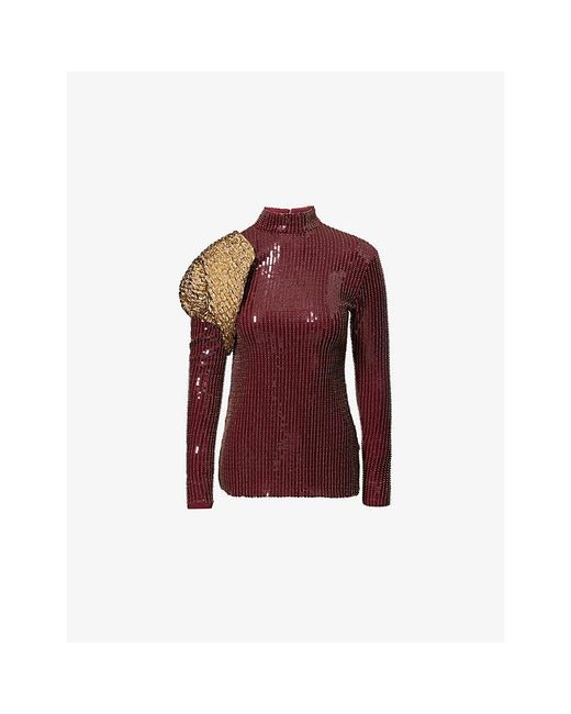 ‎Dima Ayad Red Studded Sequin High-Neck Woven Top