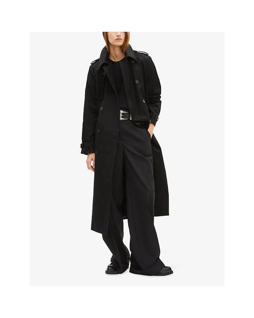 The Kooples Black Padded-Shoulder Double-Breasted Cotton Trench Coat