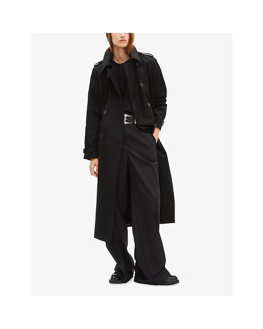 The Kooples Black Padded-Shoulder Double-Breasted Cotton Trench Coat