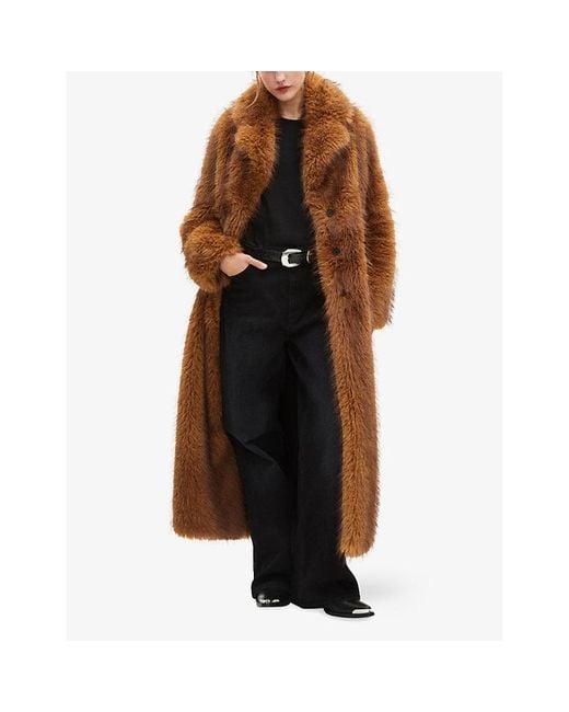 The Kooples Single-Breasted Longline Faux-Fur Coat in Brown Lyst UK