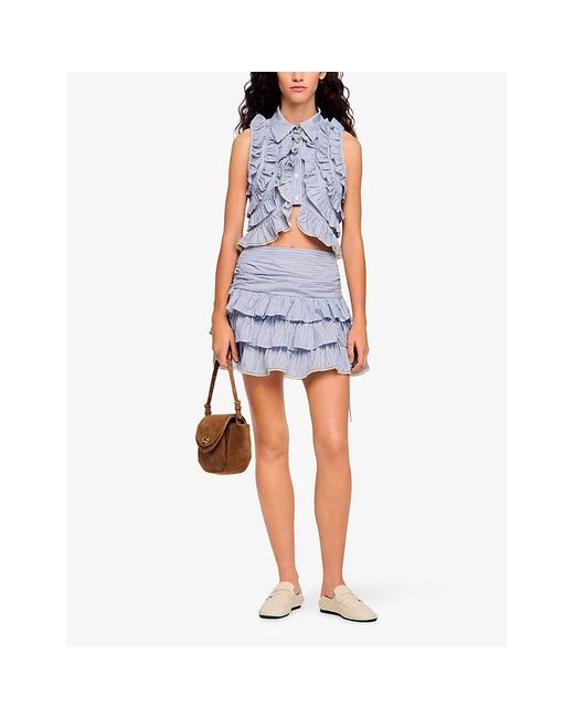 Sandro Blue Ruffled Stripe-Print Cotton Mini Skirt