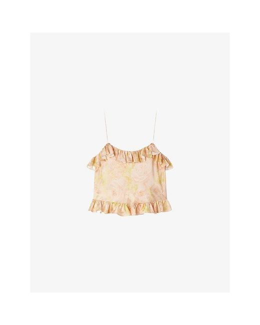 Sandro Natural Cropped Flower-Print Woven Cami Top