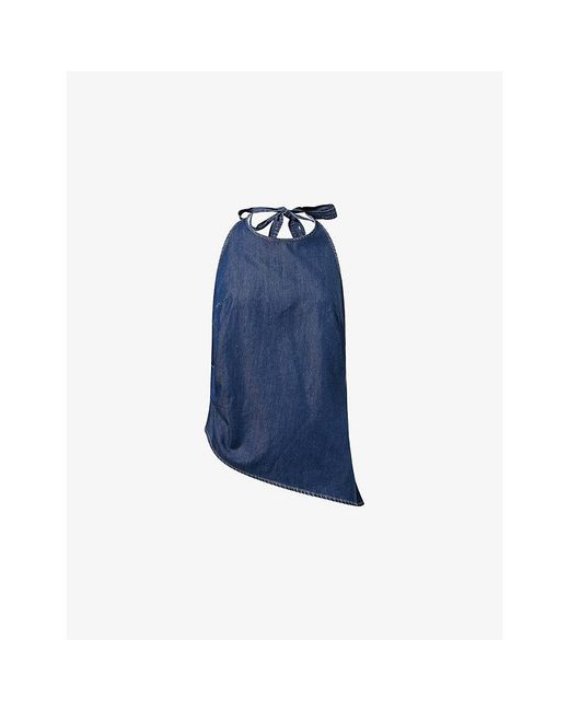 GOOD AMERICAN Blue Halterneck Asymmetric Woven Top