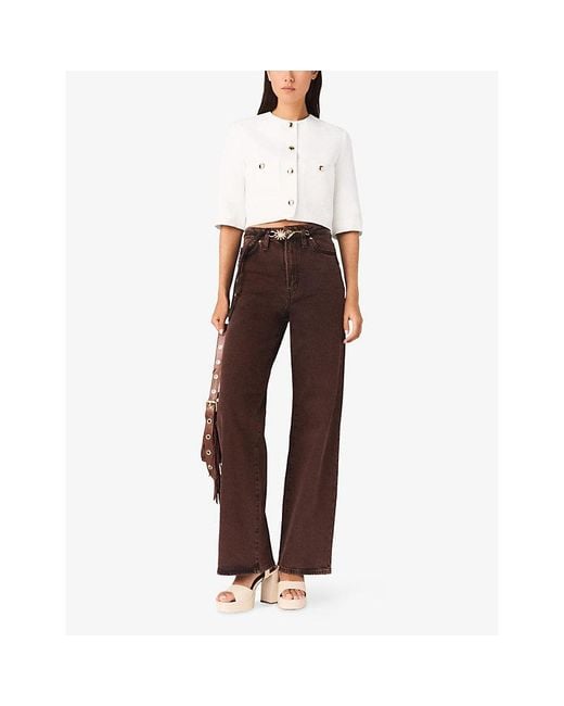 Maje White Cropped Round-Neck Linen-Blend Jacket