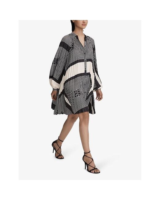 Reiss Gray Bay Geometric-print Pleated Woven Mini Dress