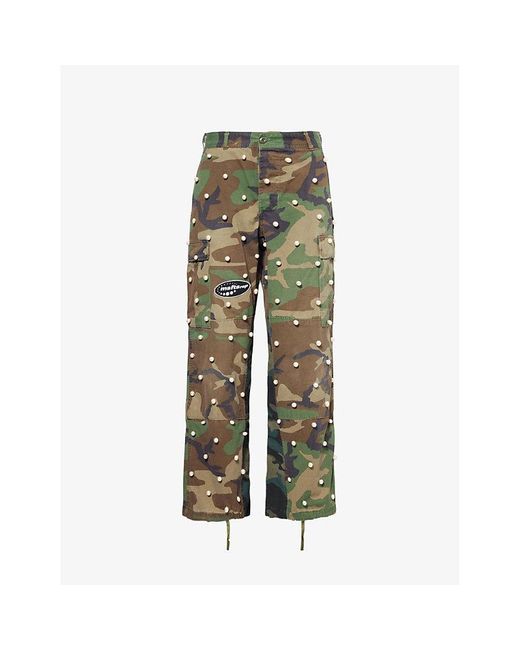 Msftsrep Green Pearl-Embellished Camouflage-Print Cargo Trousers for men