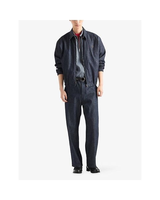 Prada Blue Logo-Plaque Blouson Chambray Denim Jacket for men