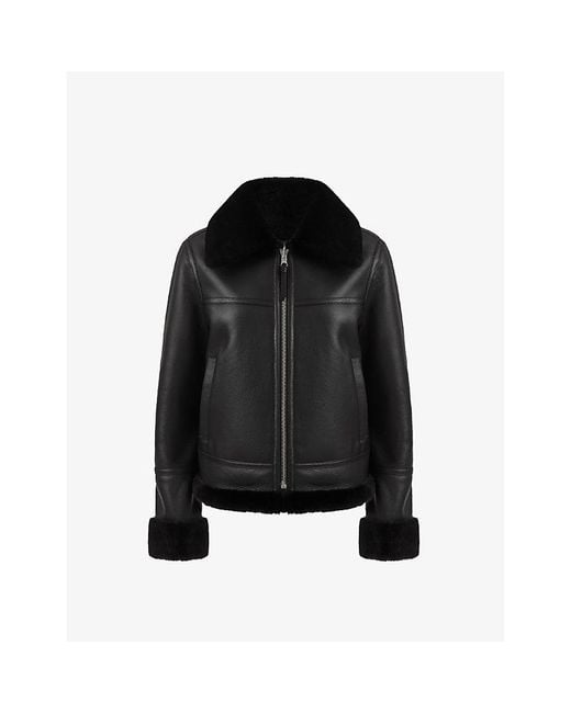 Reiss Black Melody Zip-up Reversible Shearling And Leather Jacket