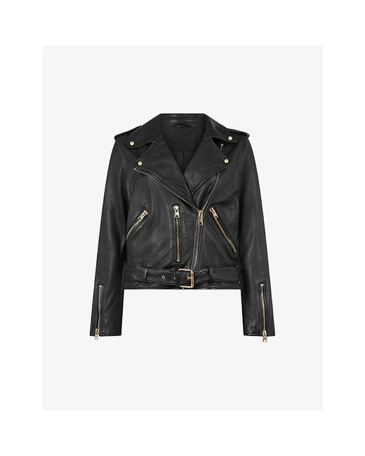 AllSaints Black Balfern Buckle-Embellished Cropped Leather Jacket