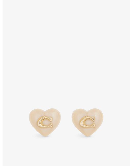 COACH Natural Signa Heart Brass And Plastic Stud Earrings