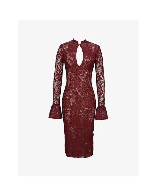House Of Cb Red Pierette Keyhole-Neck Stretch-Lace Midi Dress