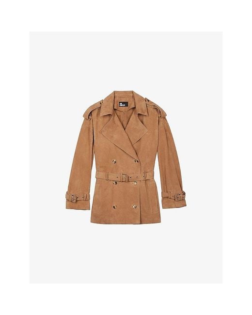The Kooples Brown Double-Breasted Belted Suede Jacket