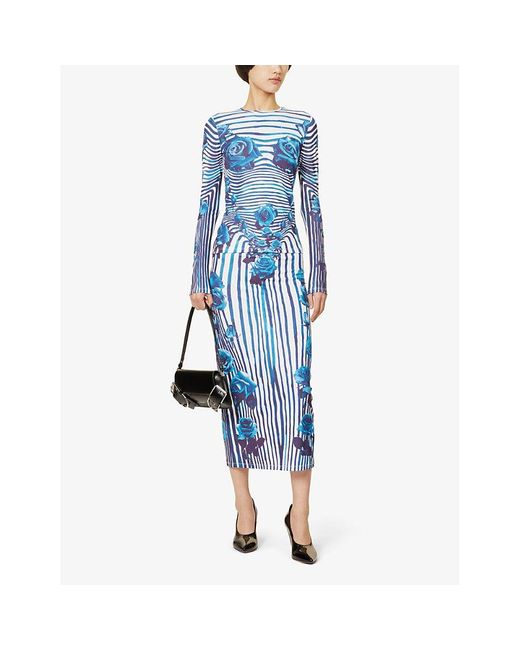 Jean Paul Gaultier Blue White Vy Striped Floral-print Stretch-woven Maxi Skirt