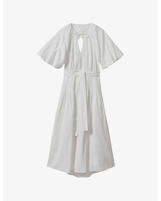Reiss White Alice Puff-sleeve Belted-waist Linen And Cotton-blend Midi Dress