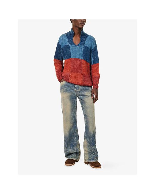 Kartik Research Blue Colour-Block Rugby Wool Knit Jumper for men