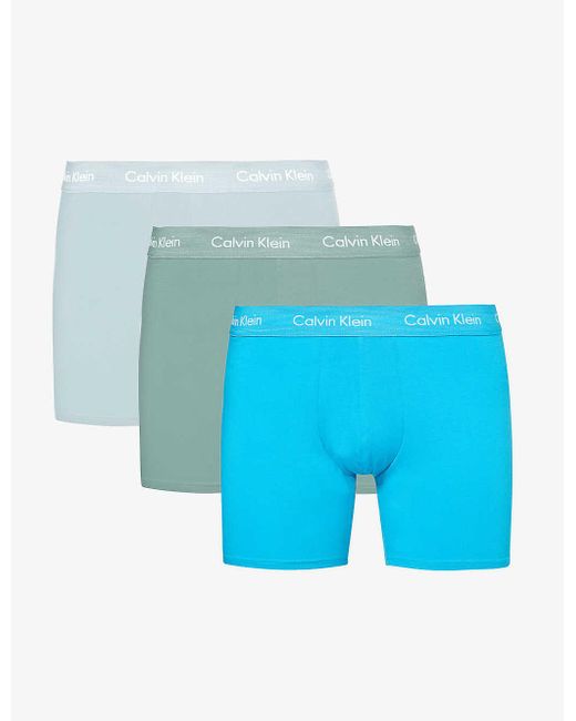Calvin Klein Blue Logo-waistband Pack Of Three Stretch-cotton Boxer Briefs for men
