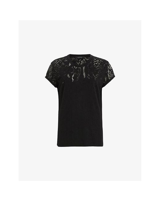 AllSaints Black Anna Snake-Embroidered Short-Sleeve Cotton T-Shirt