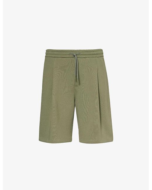 Emporio Armani Green Pleated Relaxed-fit Cotton-jersey Shorts for men