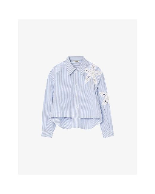 Sandro Blue Striped Floral-Embroidered Cotton Shirt