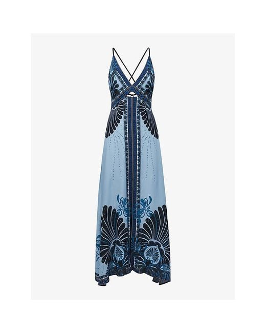 Reiss Blue Emerson Palm-print Woven Maxi Dress