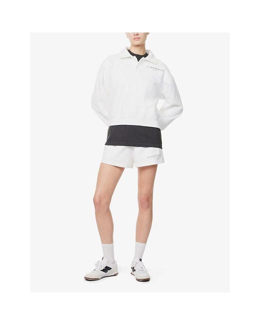 Sporty & Rich White Ny Health Club Cropped Cotton-Jersey Polo Sweatshirt