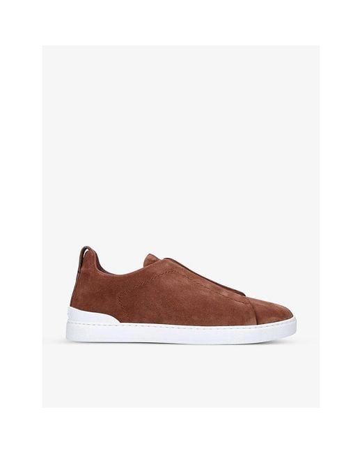 Zegna Brown Triple Stitch Low-Top Suede Trainers for men