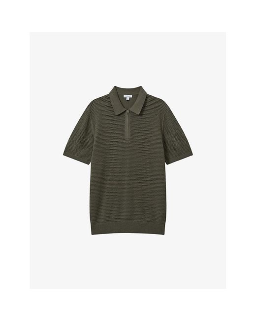 Reiss Green Burnham Textured-weave Knitted Polo Shirt X for men